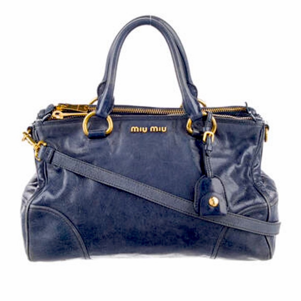 MIU MIU Blue Leather Shoulder Bag Double Zip Tote Vitello Shine Medium